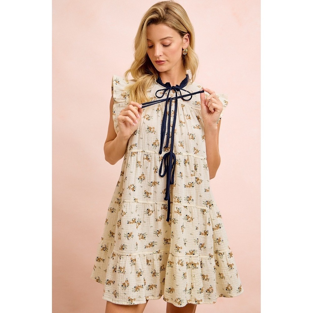 BiBi Floral Multi-tierd Dress With Ruffles And Front Tie - Oatmeal/Navy - Large - Picture 8 of 16